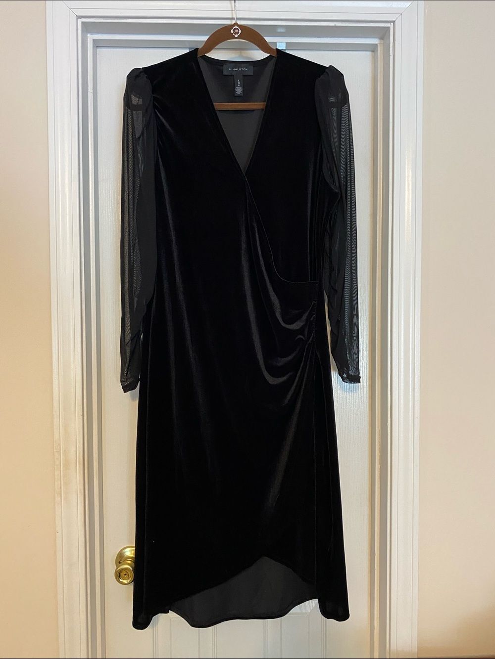 H by Halston Black Velvet Sheer-Sleeve Wrap Dress‎ size large
